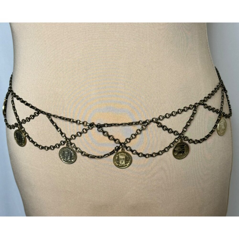 Vintage 80s Gold Tone Coin Chain Waist Belt Alexander The Great Greek Medallions